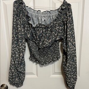 Floral Ruffle Smocked Blouse - Black